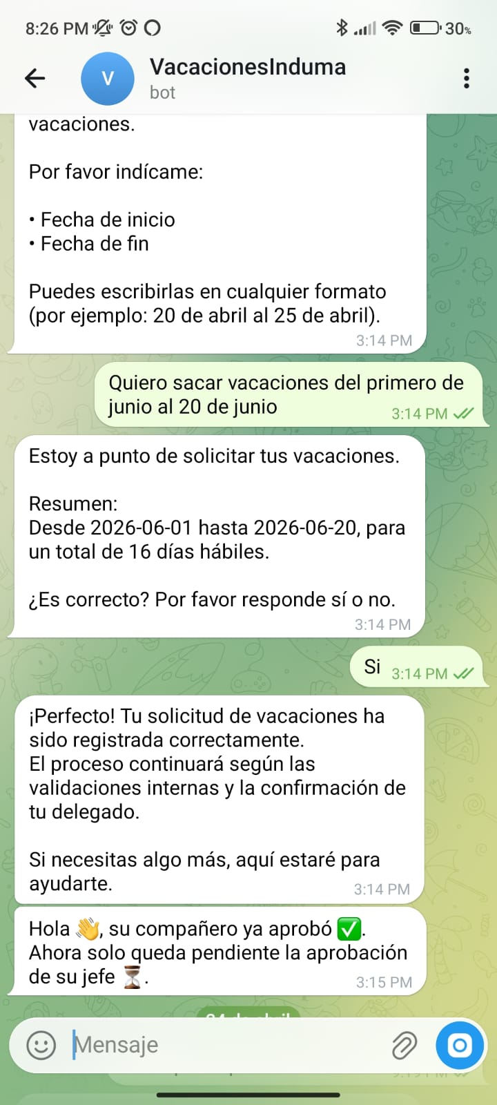 Pantallazo Vacaciones Induma